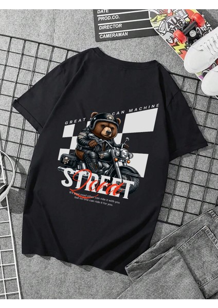 Oversize Baskılı Siyah Renk Salaş T-Shirt %100 Pamuk