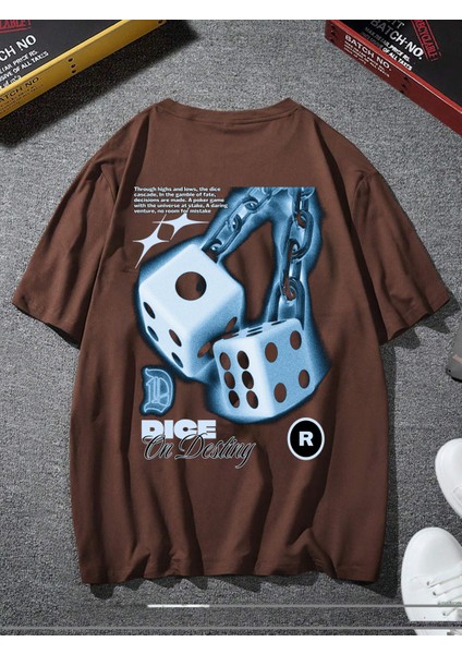Oversize Baskılı Kahverengi Renk Salaş T-Shirt %100 Pamuk