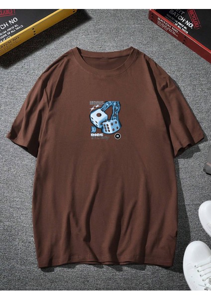 Oversize Baskılı Kahverengi Renk Salaş T-Shirt %100 Pamuk fiyatları
