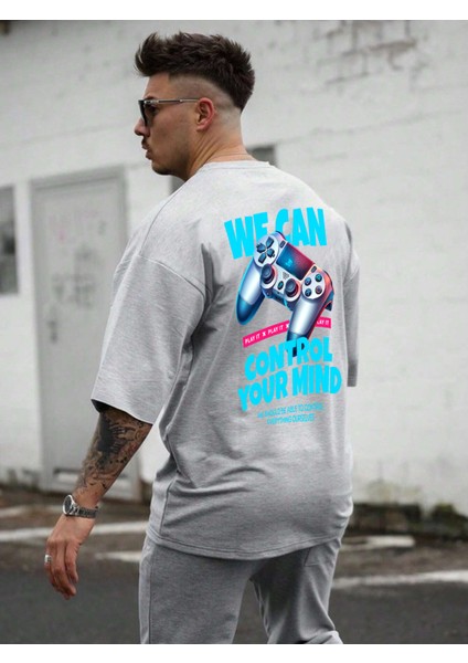 Oversize Baskılı Gri Renk Salaş T-Shirt %100 Pamuk modelleri