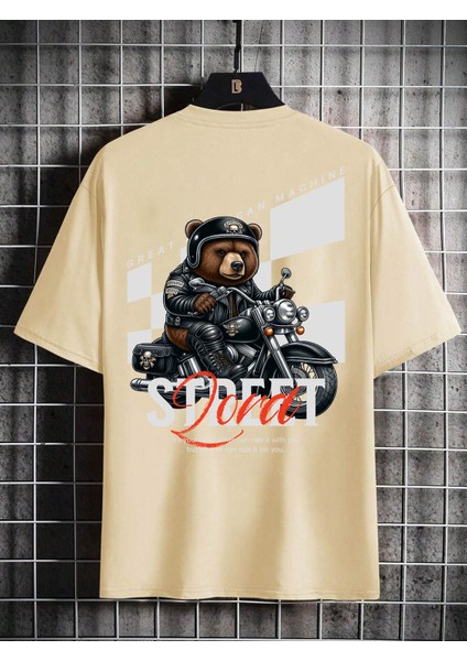 Oversize Baskılı Bej Renk Salaş T-Shirt %100 Pamuk fırsatları