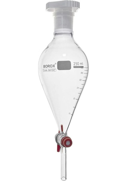 Cam Ayırma Hunisi 250 mL - Armudi Tip - Teflon Musluklu Tıpalı - Hacim Ölçekli - Boro 3.3