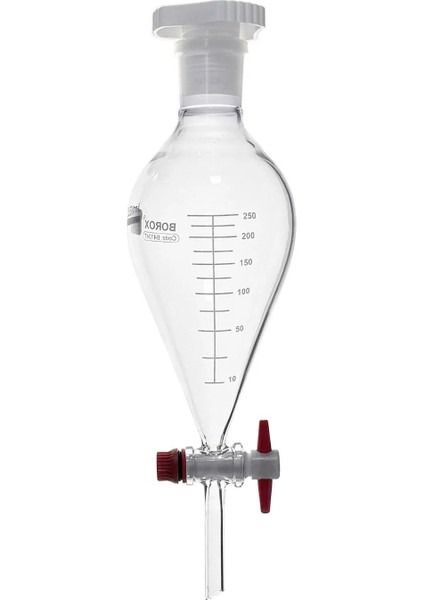 Cam Ayırma Hunisi 250 mL - Armudi Tip - Teflon Musluklu Tıpalı - Hacim Ölçekli - Boro 3.3 fiyatları