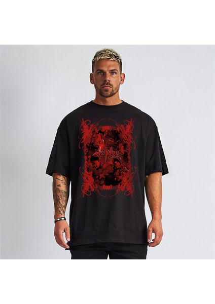Manga Müzik Grubu Baskılı Oversize Unisex Siyah Tişört