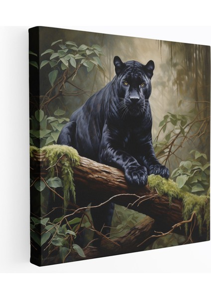 Kara Panter Duvar Tablosu - Yosun Kaplı Ağaç Dalında Muhteşem Panter - Kara Panter, Kanvas Tablo, Duvar Sanatı, Gerçekçi Yağlıboya Tablo, 30X30