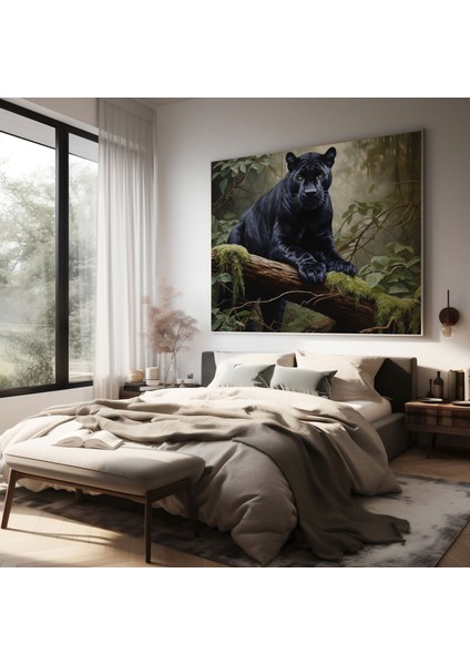 Kara Panter Duvar Tablosu - Yosun Kaplı Ağaç Dalında Muhteşem Panter - Kara Panter, Kanvas Tablo, Duvar Sanatı, Gerçekçi Yağlıboya Tablo, 30X30 modelleri