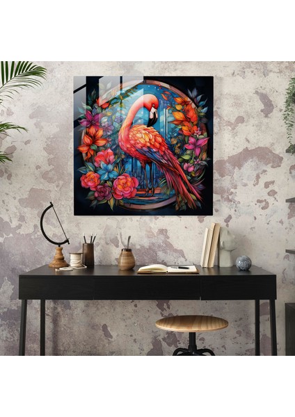 Flamingo Cam Baskı - Tropikal Vitray - Flamingo, Tropikal Çiçekler, Vitray, Duvar Süslemesi, 30X30