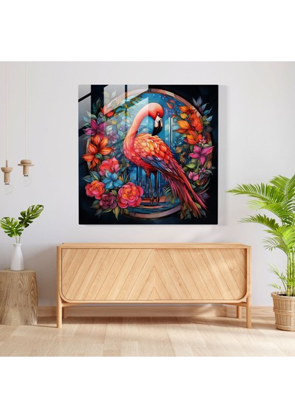 Flamingo Cam Baskı - Tropikal Vitray - Flamingo, Tropikal Çiçekler, Vitray, Duvar Süslemesi, 30X30