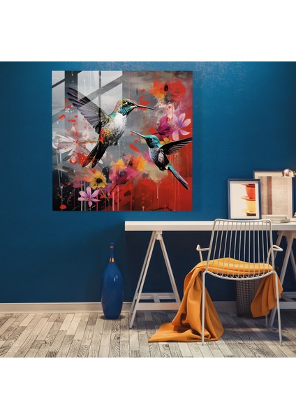Sinek Kuşu Kolaj Cam Baskı - Sinek Kuşu, Soyut Desenler, Modern Sanat, Cam Baskı, 30X30