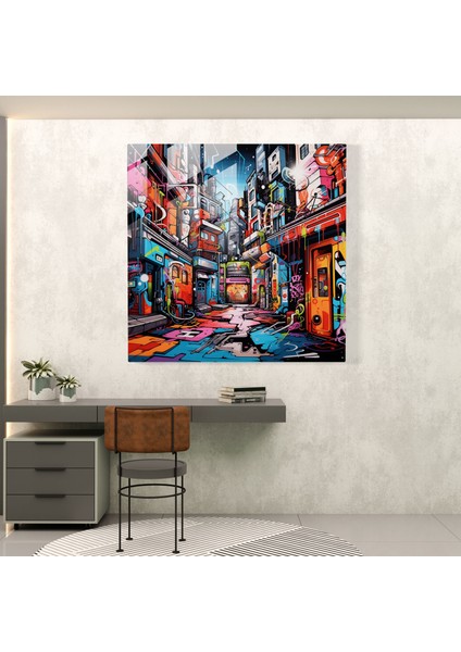 Funky Graffiti City Cam Baskı - Funky, Duvar Dekorasyonu, Ev Dekorasyonu, Canlı Kent Manzarası, 30X30