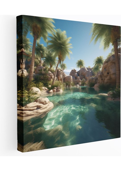 Çöl Duvar Tablosu - Oasis Paradise Kanvas Tablo - Çöl, Kristal Berrak Sular, Duvar Dekorasyonu, Çöl, 30X30