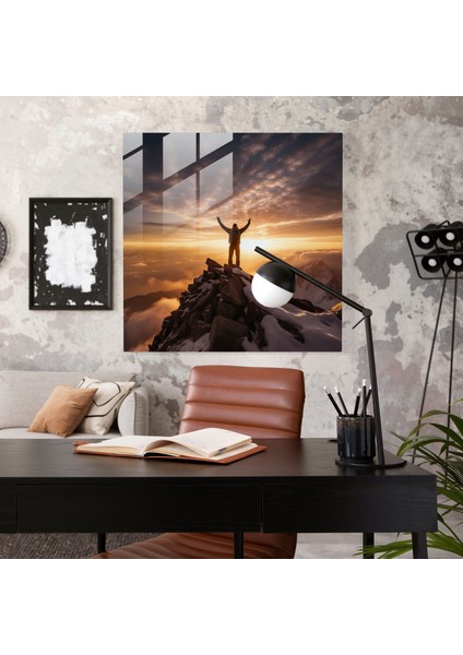 Motivasyonel Ev Dekorasyonu - Motivasyon, Azim, Dağ Zirvesi, Cam Baskı, 30X30