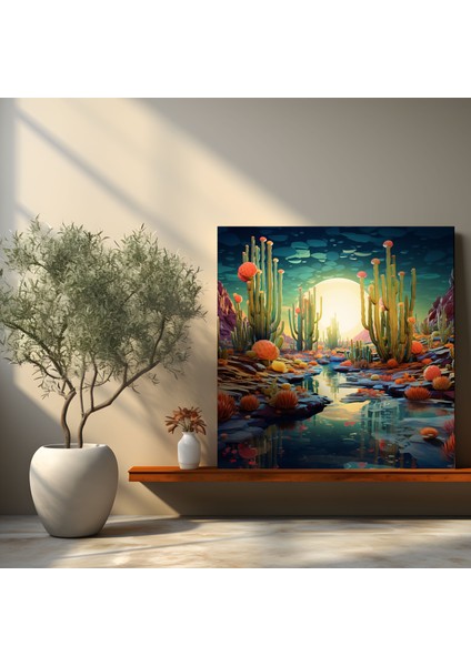 Çöl Tablosu - Gerçeküstü Yüzen Kaktüsler Soyut Kanvas Tablo - Çöl, Kanvas Tablo, Duvar Sanatı, Kanvas, 30X30 modelleri