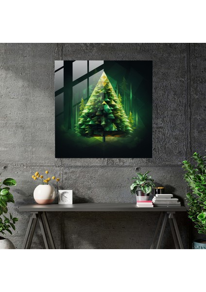 Yeşil Çam Geometrik Cam Baskı - Yeşil Çam, Yeşil Çam, Cam Sanatı, Duvar Dekorasyonu, 50X50 modelleri