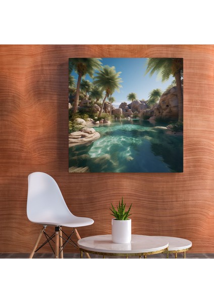 Çöl Duvar Tablosu - Oasis Paradise Kanvas Tablo - Çöl, Kristal Berrak Sular, Duvar Dekorasyonu, Çöl, 30X30