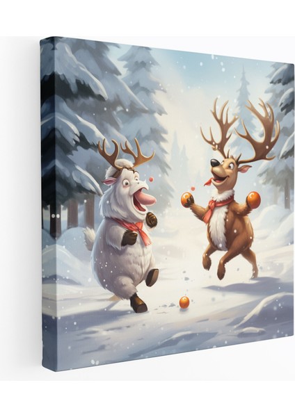 Noel Kanvas Tablo - Eğlenceli Karikatür Illüstrasyon - Ren Geyiği ve Kardan Adam Kartopu Savaşı - Noel, Duvar Sanatı, Ren Geyiği, Kanvas Tablo, 30X30