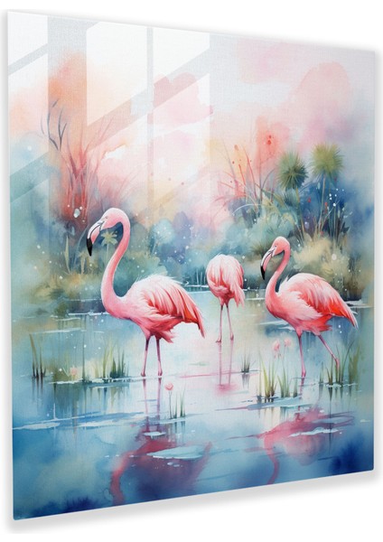 Flamingo Cam Baskı - Sakin Lagün Suluboya - Flamingo, Cam Sanatı, Flamingo, Modern Sanat, 30X30