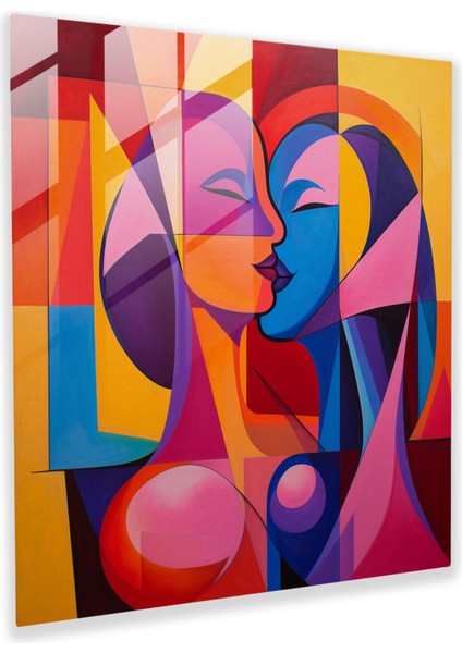 Geometri Öpücüğü Cam Baskı - Öpücük, Geometrik Soyutlama, Cesur Şekiller, Cam Sanatı, 30X30