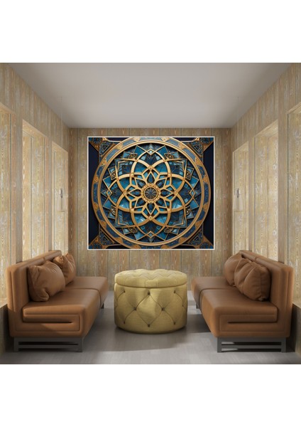 Dini Tasvir Kanvas Tablo - İslam Geometrik Sanatı - Dini Tasvir, Duvar Tablosu, Altın Ve Mavi, İslam Geometrik Sanatı, 30x30