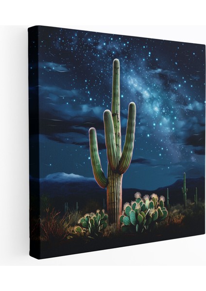 Çöl Duvar Dekorasyonu - Görkemli Saguaro Kaktüs Gece Gökyüzü Kanvas Tablo - Çöl, Harika, Sakin Atmosfer, Dijital Sanat, 50X50