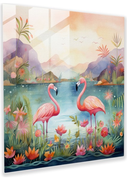 Kaprisli Flamingo Cenneti Cam Baskı - Flamingo, Cam Duvar Sanatı, Fantastik Manzara, Cam Sanatı, 30X30