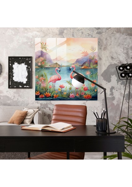 Kaprisli Flamingo Cenneti Cam Baskı - Flamingo, Cam Duvar Sanatı, Fantastik Manzara, Cam Sanatı, 30X30 modelleri