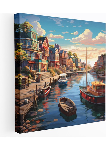 Sahil Kasabası Kanvas Tablo - Canlı Duvar Tablosu - Plaj, Plaj, Duvar Sanatı, Yelkenli, 70X70