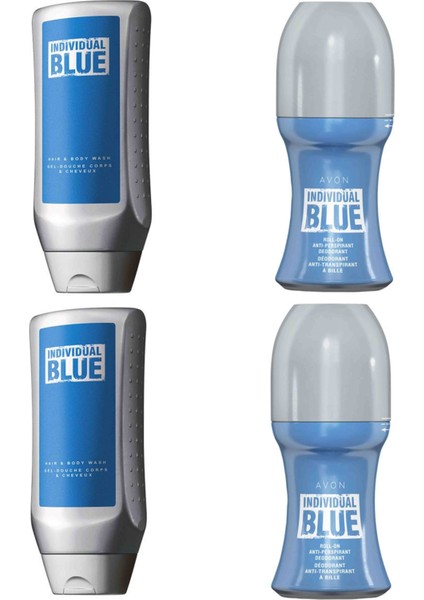 2 x Individual Blue Antiperspirant Roll-On Deodorant 50ML + 2x Individual Blue 2'si 1 Arada Saç ve Vücut Şampuanı 250ML