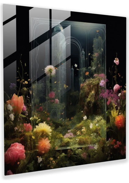 Cam Botanik Baskı - Yemyeşil Yeşillik Içinde Kabe - Kabe, Huzur, Gür Yeşillik, Açan Çiçekler, 30X30