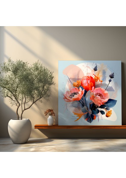 Geometrik Kuru Çiçek Duvar Sanatı - Kuru Çiçek, Soyut Düzenleme, Canlı Renkler, Kanvas Tablo, 30X30