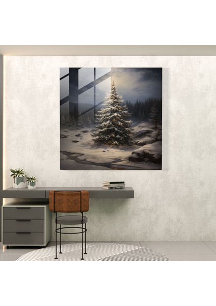 Klasik Cam Baskı - Görkemli Karlı Noel Ağacı - Noel, Cam Sanatı, Klasik Yağlıboya Tablo, Duvar Süslemesi, 30X30