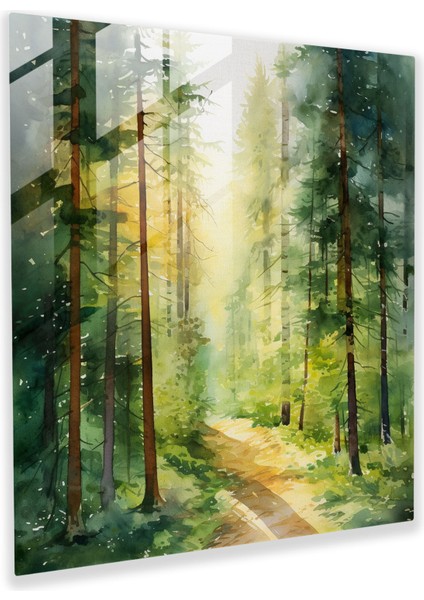 Yeşil Çam Ormanı Cam Baskı - Yeşil Çam, Ev Dekorasyonu, Cam Duvar Sanatı, Suluboya Ormanı, 30X30