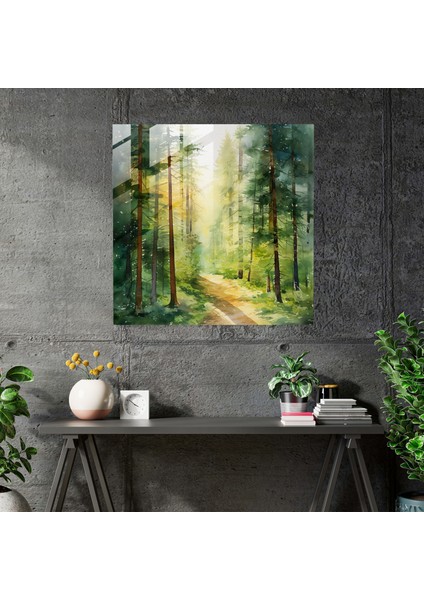 Yeşil Çam Ormanı Cam Baskı - Yeşil Çam, Ev Dekorasyonu, Cam Duvar Sanatı, Suluboya Ormanı, 30X30 fiyatları