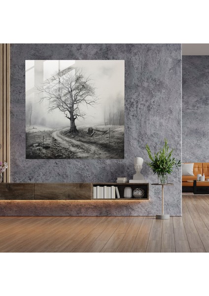 Gri Puslu Orman Cam Baskı - Gri, Cam Sanatı, Ev Dekorasyonu, Gri Puslu Orman Cam Baskı, 30X30 modelleri