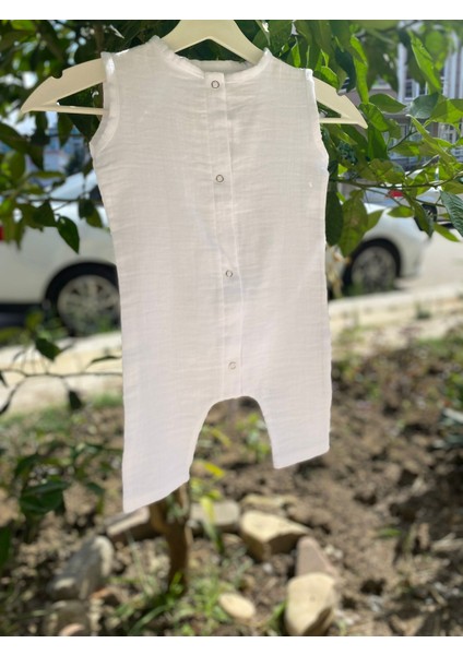 Organik Pamuklu Çift Kat Müslin Bezi Bebek Beyaz Kolsuz Tulum