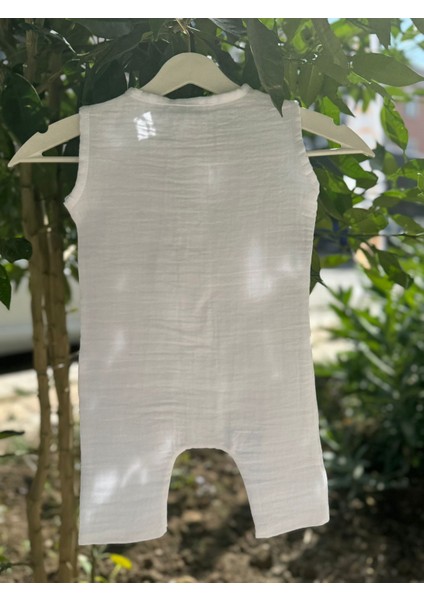 Organik Pamuklu Çift Kat Müslin Bezi Bebek Beyaz Kolsuz Tulum
