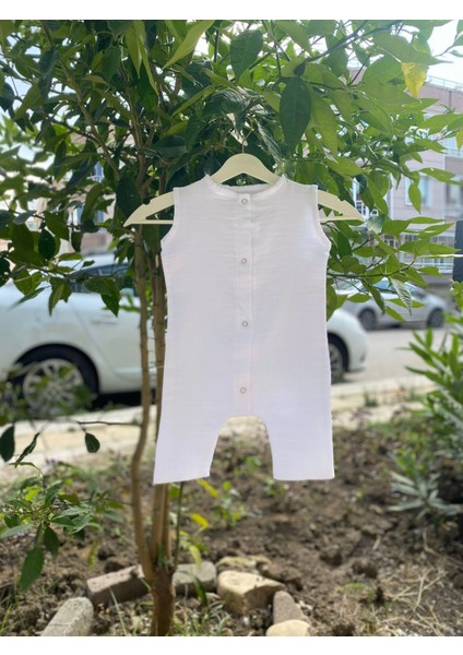 Organik Pamuklu Çift Kat Müslin Bezi Bebek Beyaz Kolsuz Tulum