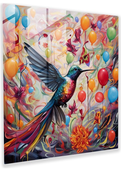 Kaprisli Sinek Kuşu Cam Baskı - Sinek Kuşu, Şakacı, Ev Dekorasyonu, Kaprisli Sanat Eseri, 30X30