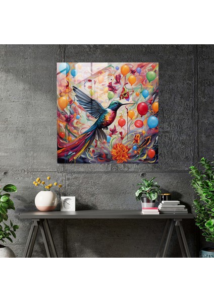 Kaprisli Sinek Kuşu Cam Baskı - Sinek Kuşu, Şakacı, Ev Dekorasyonu, Kaprisli Sanat Eseri, 30X30