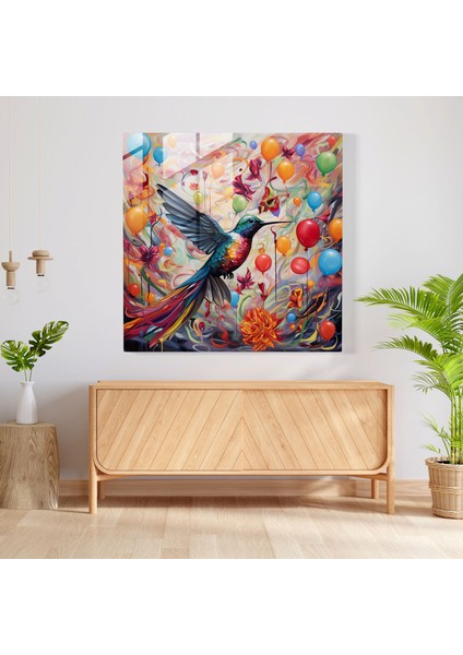 Kaprisli Sinek Kuşu Cam Baskı - Sinek Kuşu, Şakacı, Ev Dekorasyonu, Kaprisli Sanat Eseri, 30X30