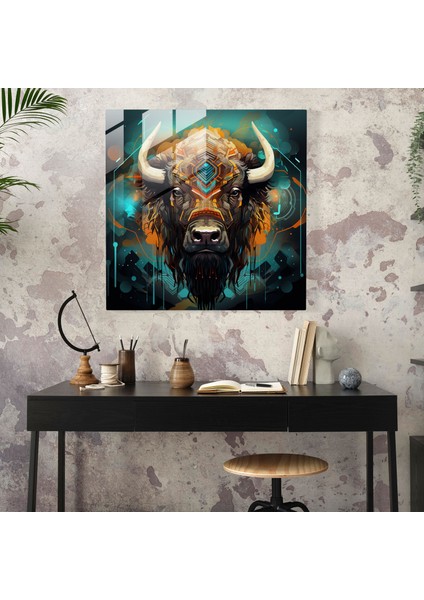 Buffalo Glass Print - Buffalo ve Soyut Şekillerin Fütüristik Dijital Sanat Eseri - Buffalo, Ev Dekorasyonu, Uyum, Duvar Dekorasyonu, 30X30
