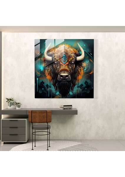 Buffalo Glass Print - Buffalo ve Soyut Şekillerin Fütüristik Dijital Sanat Eseri - Buffalo, Ev Dekorasyonu, Uyum, Duvar Dekorasyonu, 30X30