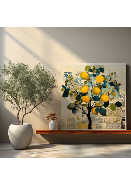 Limon Ağacı Kanvas Tablo - Karma Teknik Kolaj Duvar Sanatı - Limon Ağacı, Duvar Sanatı, Ev Dekorasyonu, Dokular, 30X30