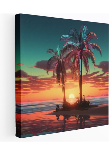 Havalı Duvar Sanatı - Retro Neon Tabela - Havalı, Gün Batımında Plaj, Palmiye Ağacı, Duvar Dekorasyonu, 30X30