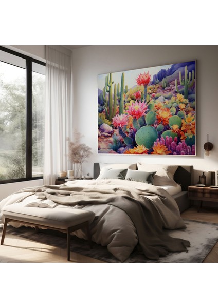Kaktüs Kanvas Tablo - Canlı Suluboya Tablo - Duvar Dekorasyonu - Kaktüs, Çiçek Açan Kaktüs, Kaktüs, Ev Dekorasyonu, 30X30