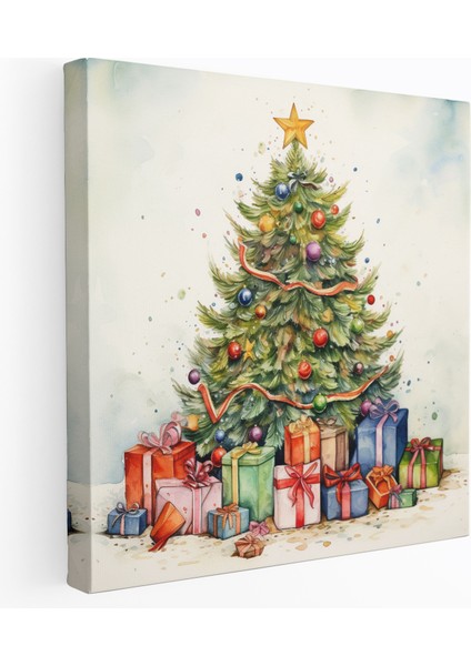 Noel Kanvas Tablo - Kaprisli Noel Ağacı - Noel, Şenlikli Noel Ağacı, Kanvas Tablo, Süsler, 30X30