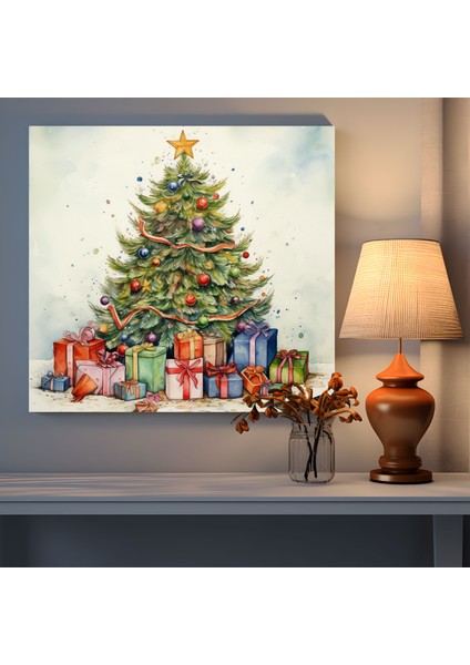 Noel Kanvas Tablo - Kaprisli Noel Ağacı - Noel, Şenlikli Noel Ağacı, Kanvas Tablo, Süsler, 30X30