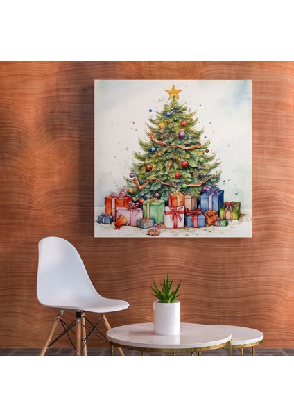 Noel Kanvas Tablo - Kaprisli Noel Ağacı - Noel, Şenlikli Noel Ağacı, Kanvas Tablo, Süsler, 30X30