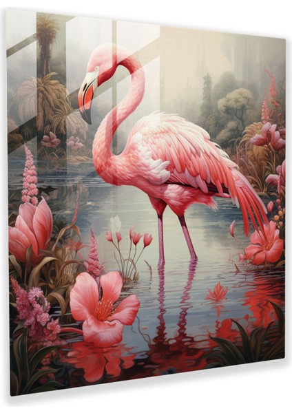 Sakin Gölet Flamingo Cam Baskı - Flamingo, Sakin Gölet, Ev Dekorasyonu, Cam Duvar Tablosu, 30X30