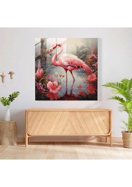 Sakin Gölet Flamingo Cam Baskı - Flamingo, Sakin Gölet, Ev Dekorasyonu, Cam Duvar Tablosu, 30X30